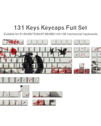 PBT Keycaps - Side Print Keycaps, Shine Through Custom Key caps 75 Percent, Ink Painting Keycap Set Dye Sub & Double Shot, 131 Keys Cherry Profile Keyboard Keycap for Mechanical Keyboard, Wuxia