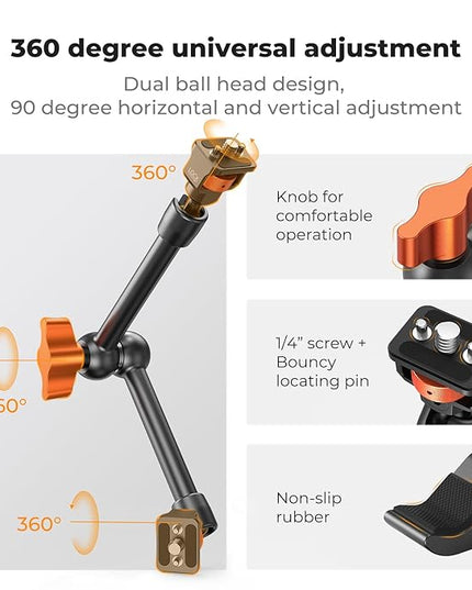 K&F CONCEPT 11" Magic Arm Clamp Kit with ARRI 1/4" & 3/8" Thread Screw, 360° Ball Heads Arm with Clamp Mount for DSLRs, Camera Cage, Monitor, LED Light, Webcam, Action Camera