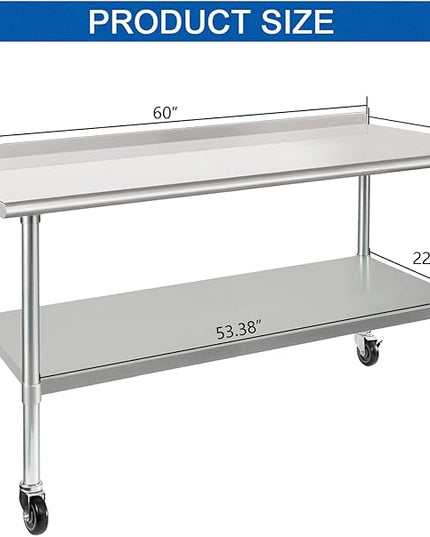 HARDURA Stainless Steel Table 30 x 60 Inches with Wheels Casters NSF Heavy Duty Commercial Prep Table with 2” Backsplash and Adjustable Undershelf for Restaurant Kitchen Home and Hotel
