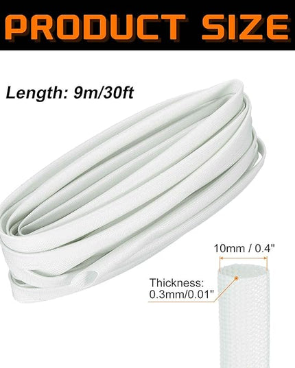 MECCANIXITY 30ft Braided Cable Sleeve, 0.4" ID 200C High Temperature 1500V Fiberglass Wire Insulation Cord Protector Organizer Wires Management for Motor Engine Fuel Line, White