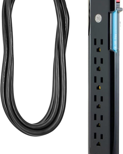 GE 7 Outlet Surge Protector, 4 Ft Power Cord, 1080 Joules, Flat Plug, Power Filter, Circuit Breaker, Warranty, UL Listed, Black, 34460