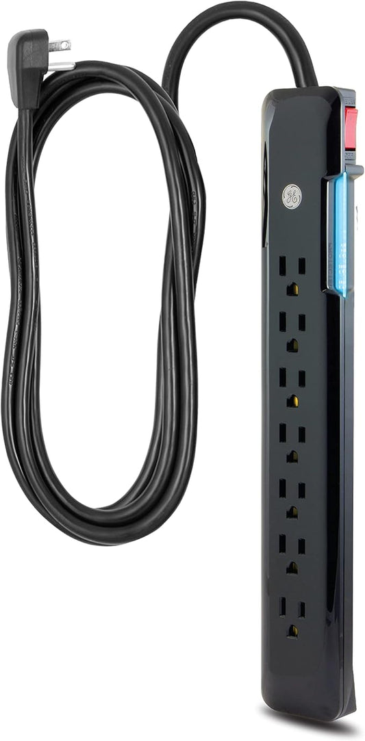 GE 7 Outlet Surge Protector, 4 Ft Power Cord, 1080 Joules, Flat Plug, Power Filter, Circuit Breaker, Warranty, UL Listed, Black, 34460