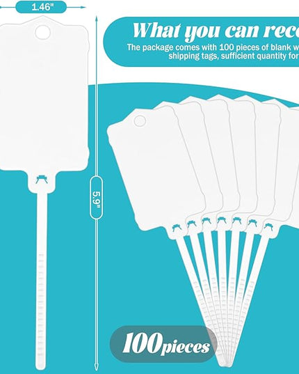 LeonBach 100 PCS Plastic Shipping Tags, 1.46" x 2.48", Waterproof Labels Writable Hanging Tag with Sealing Strap, Shipping Cable Tie Label Tags for Keys Luggage Logistic Inventory Retail (White)
