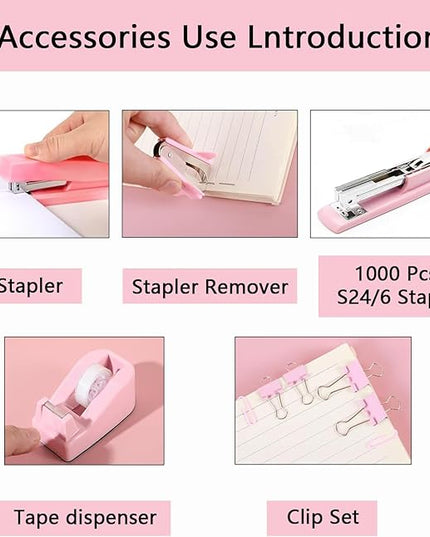 suniya Office Supplies,Desk Accessories,Tape Holder,Stapler,Scissor,Staple Remover,Box of Binder Clips,Staples,Ballpoint Pen,Lndex Tabs,Clear Tape,Office Supplies Set(Pink)