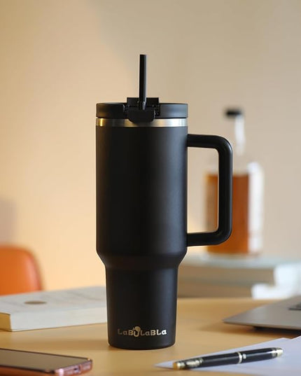 40oz Tumbler with Handle,Double Wall Vacuum Reusable Stainless Steel Insulated Water Bottle,With Leak Proof lid and Straw for Iced or Cold Beverages (Black)