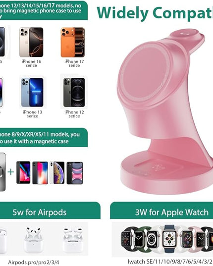 Wireless Charger,3 in 1 Magnetic Wireless Charger Stand, Fast Wireless Charging Dock for iPhone 17/16/15/14/13/12 Series, Apple Watch Series, AirPods Pro.