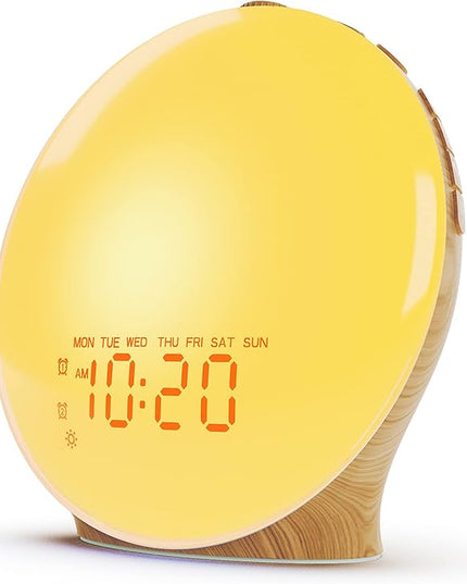 JALL Wake Up Light Sunrise Alarm Clock for Kids, Heavy Sleepers, Bedroom, White Noise Sound Machine with 17 Nihgt Lights, 25 Soothing Sounds, Bluetooth Speaker, Dual Alarms, FM Radio, Wood Grain