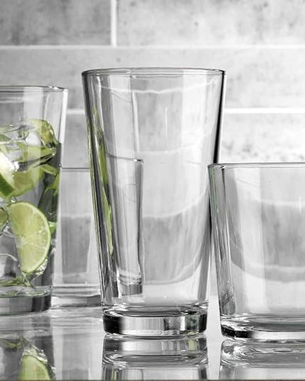 Glaver's Drinking Glasses Set of 12. Glassware set, 6 Highball Glass Cups, 6 Whiskey glasses. Classic Drinkware Set 17 oz Tall Glasses Set and 13 oz Rock Glasses.