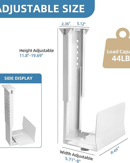 Heavy Duty Computer Wall Mount, Also Great for PC Mount Under Desk - Height Adjustable from 12" to 20", Width Adjustable from 5.7" to 8" - Computer Case Stand PC Holder Under Desk or On Wall, White