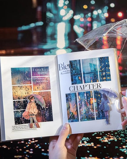 60 Sheets Large Size Rainy Day Scrapbook Stickers for Scrapbooking Supplies, 6 Assorted Rain Scenes Transparent PET Stickers for Journaling, Junk Journals, Collage, DIY Crafts Arts