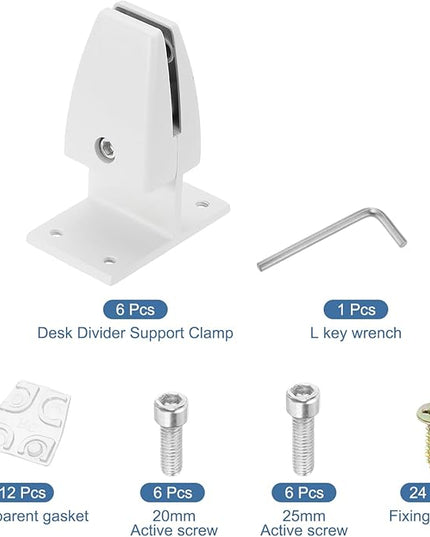 PATIKIL 6 Pcs Adjustable Desk Divider Partition Clips, T-Shape Aluminum Sneeze Guard Support Clamps Desktop Divider Clips for Offices Stores Counter Privacy Panel,Matte White