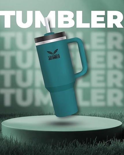 40 Oz Insulated Tumbler with Handle and Straw, Stainless Steel Coffee Travel Mug with Lid, Leak Proof Water Bottle with Accessories, Blue Spruce