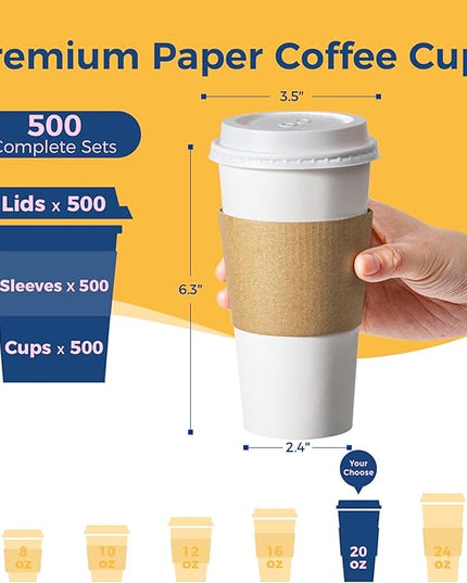 Fit Meal Prep 500 Pack 20 oz Disposable Coffee Cups with Lids, Sleeves, Leak-Proof To Go Coffee Cups with Lids, Durable Hot Paper Cups for Home, Office, Party, Business