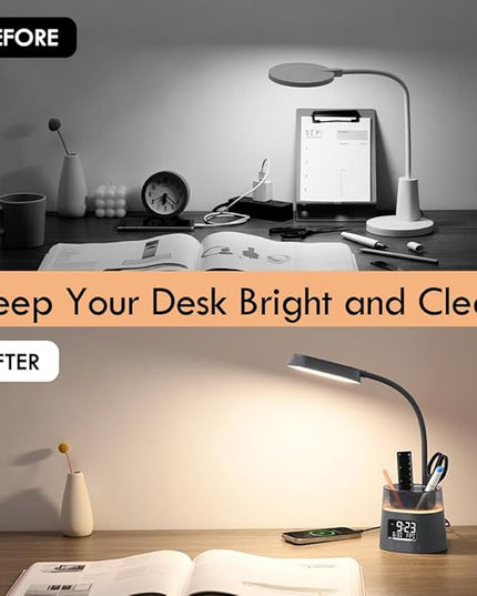 WILIT LED Desk Lamp for College Dorm Room Essentials, Students Study Lamp with Charging Station, Pen Holder, Clock & RGB Night Light, Office Desk Accessories, Table Lamp for Bedroom - Gray