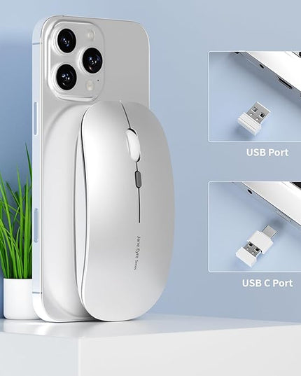 Q5 Slim Rechargeable Wireless Mouse, 2.4G Portable Optical Silent Ultra Thin Wireless Computer Mouse with USB Receiver and Type C Adapter, Compatible with PC, Laptop, Notebook, Desktop (Silver)