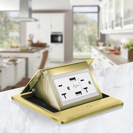 Vagueior Recessed Floor Electrical Outlet Kit,Waterproof Electrical Outlet Covcer Box,Hidden 4.8A USB+20A Tamper-Resistant Receptacle Outlet with Slow Elastic Damping ，ETL Certified,Brass
