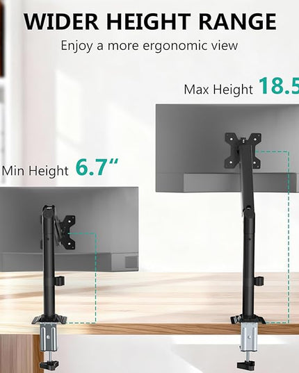 WALI Single Monitor Arm Desk Mount for 13-32 Inch Screens, Premium Gas Spring Monitor Stand with Full Motion Tilt, Swivel, Rotation, Holds up to 19.8 lbs, C-Clamp Mount for VESA 75/100mm (GSDM001S)