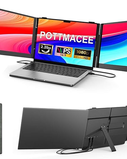 POTTMACEE 14.2’’ Triple Laptop Screen Extender, 0.17" Ultra-Slim FHD 1080P Portable Monitor for Laptop, Tri-Screen Travel Monitor Extender, Plug-Play for Windows/Mac/Chrome, Fit 13”-17.3” Laptops