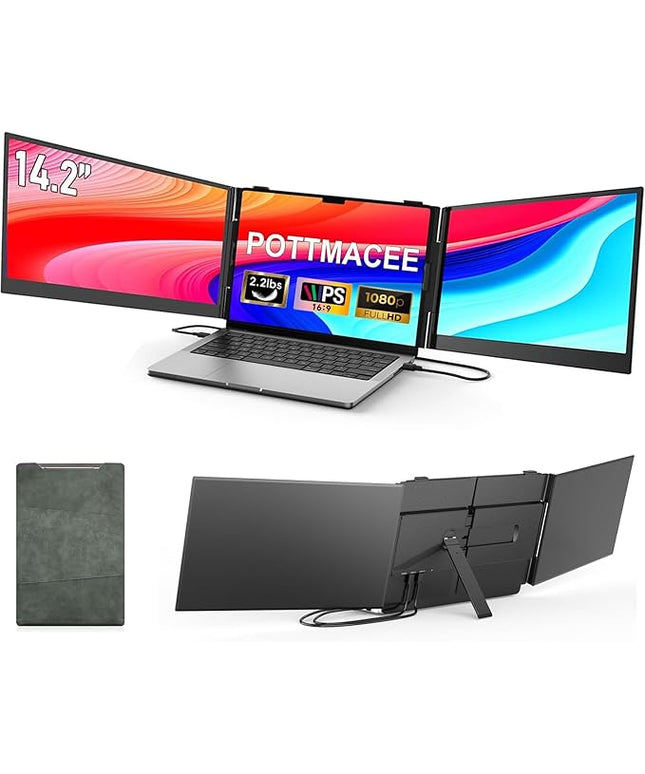POTTMACEE 14.2’’ Triple Laptop Screen Extender, 0.17" Ultra-Slim FHD 1080P Portable Monitor for Laptop, Tri-Screen Travel Monitor Extender, Plug-Play for Windows/Mac/Chrome, Fit 13”-17.3” Laptops