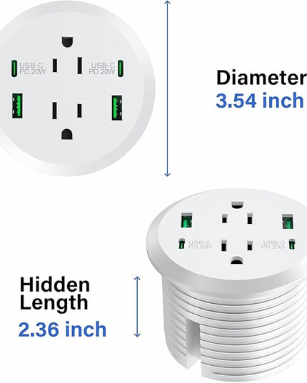 Desktop Power Grommet 3-inch Hole,40W Total Fast Charging Station, 2 PD 20W USB C Port,Flush-Mount Recessed Power Strip, 2 AC Outlets,4 USB Ports,in to The Top of Your Desk,6ft Cord