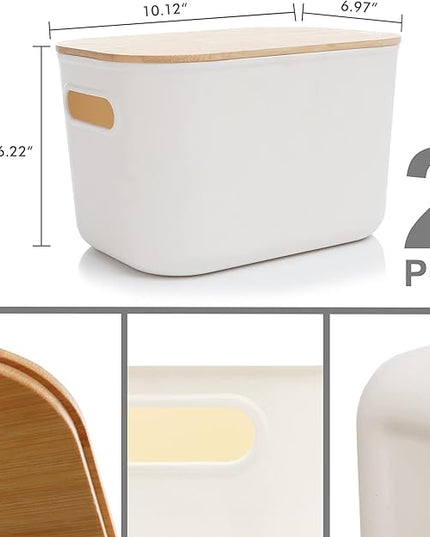 Citylife 2 PCS Storage Bins with Bamboo Lids Plastic Storage Containers for Organizing Stackable Storage Box with Handle, 10.23 x 7.08 x 6.3 inch