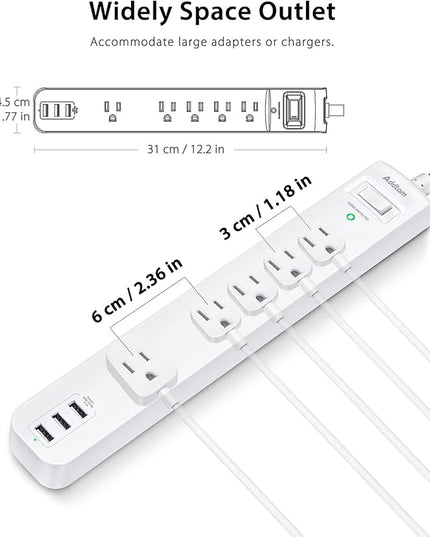 Surge Protector Power Strip - 10 FT Long Extension Cord with 5 Widely AC Outlets 3 USB Ports, Flat Plug with Overload Surge Protection for Home, Office, Dorm Essentials (2 Pack)