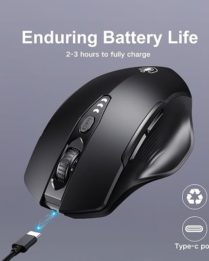 Uineer Wireless Bluetooth Mouse,[Upgraded] Rechargeable (BT 5.0/4.0+2.4G Hz),Computer Mouse with Visible Battery Level, 4 Adjustable DPI, Portable PC Mouse for MacBook Chromebook,Black