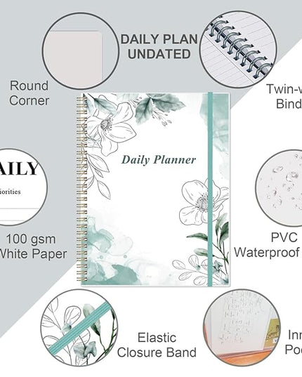 Daily Planner Undated - 8.5" x 11" To Do List Notebook Hourly Schedules, 150 Sheets/300 Pages Spiral Appointment Planner for Women and Men,PVC Hardcover, Inner Pocket, Elastic Closure, Teal Flowers