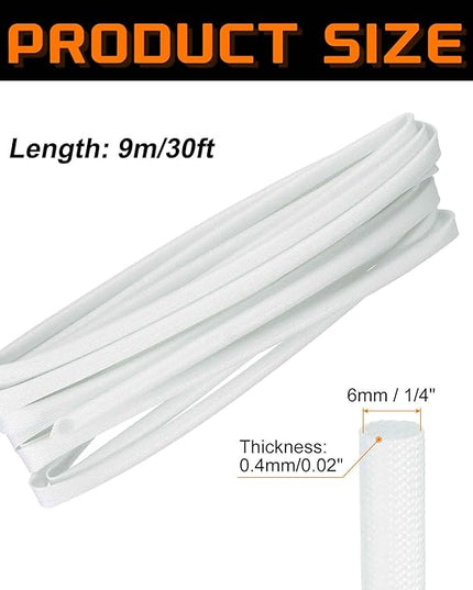 MECCANIXITY 30ft Braided Cable Sleeve, 1/4" ID 200C High Temperature 1500V Fiberglass Wire Insulation Cord Protector Organizer Wires Management for Motor Engine Fuel Line, White