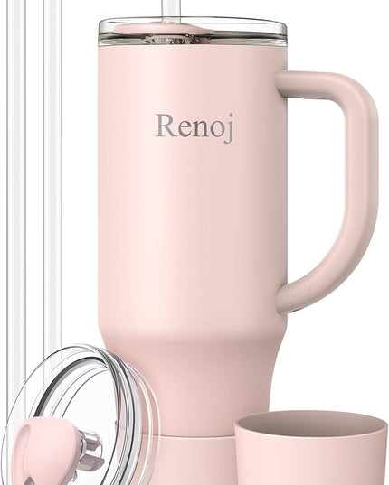 Renoj Tumbler with Handle 100% Spill Resistant Insulated Water Bottle for Iced Coffee & Hot Drinks - Fits Car Cup Holder, Ideal Gift, 2 Straws & Silicone Boot BPA-Free - FlexSlide Light Pink 32 oz