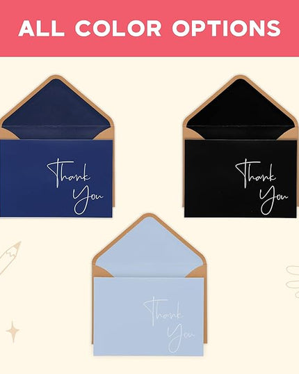 VNS Creations 50 Pack Thank You Cards With Envelopes, Stickers, 3.5x5 Inch Blank Thank You Notes - Bulk Box Set Notes for Graduation, Wedding, Small Business, Baby & Bridal Shower Card - Light Blue