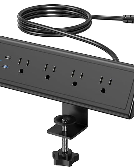 Jgstkcity Desk Clamp Power Strip,20W Fast Charging Station,Surge Protector Nightstand Edge Mount,1875W Extension Cord with Multiple Outlets,2 USB-C,2 USB-A,for Home Office (Black, 10 FT)