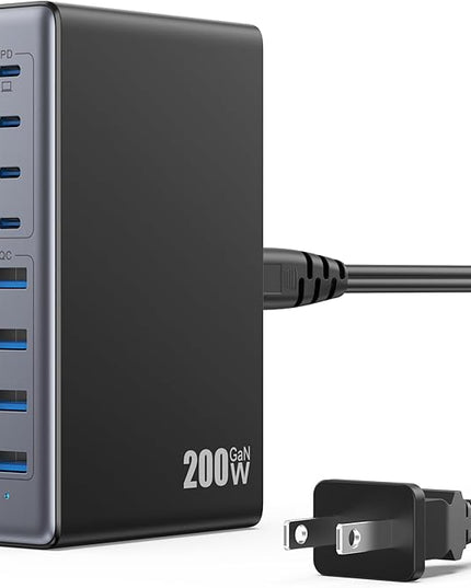 200W USB C Charger Block,GaN IV Charging Station 8 Ports,QC4.0 Fast Charging Station Hub+PD 65W USB C Laptop Charger Adapter Compatible with MacBook Air/Pro,DELL,iPhone 17/16/15,iPad,Steam Deck-Black