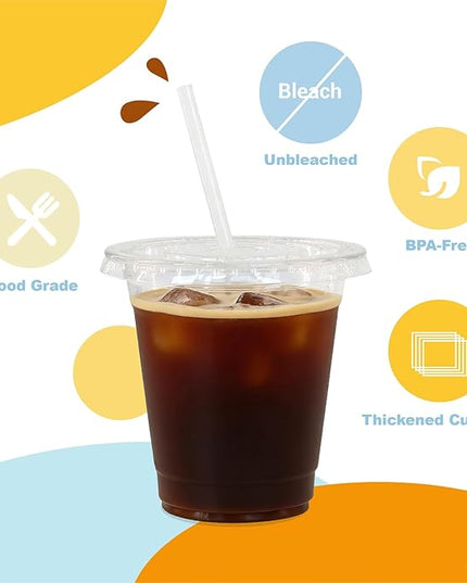 Coolcap 12 oz 100 Pack Disposable Clear Plastic Cups with Lids and Straws, Food Safe Bulk Iced Coffee Cups for Smoothies, Milkshakes and Other Cold Drinks