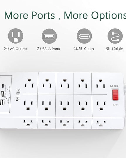 Power Strip Surge Protector 23 in 1, 6ft Extension Cord with 3 USB Ports Smart 3.1A, Multiple Outlet Adapter 20 Outlets, Outlet Extender Cord Organizer for Office, College, Apartment, Gaming Stuff