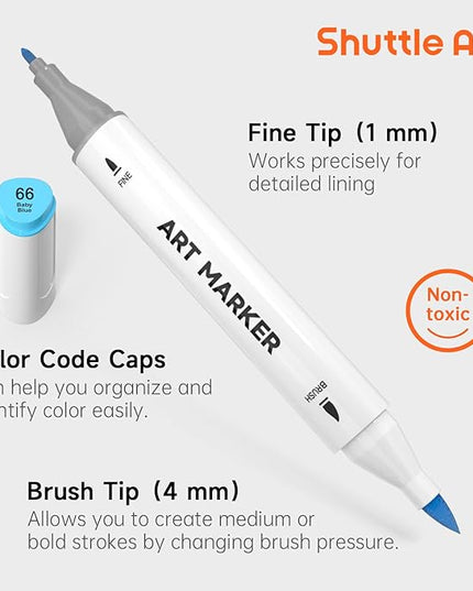 Shuttle Art Brush Tip Alcohol Markers, Dual Tip Brush & Fine Tip Art Marker Set, 24 Colors Marker Pens with Case Perfect for Illustration Kids Students Adults Coloring Sketching