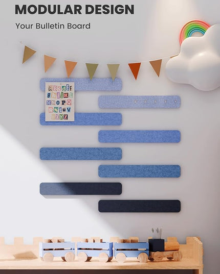 Fluxynara Cork Board Alternative Felt Strip Board 8-Pack 13"x2", Office Pin Board with 50 Push Pins, Adhesive Install for Bedroom Door & Home Office(Denim Mist)