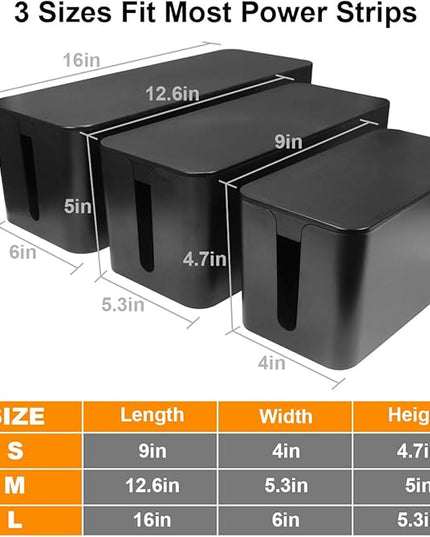 DUNCHATY 3 Pack Cable Organizer Box with Large, Medium, Small Cord Hider Box Safe ABS Material for Cover and Hide TV Wires, Computer, Router, USB Hub and Under Desk Power Strip&Cords