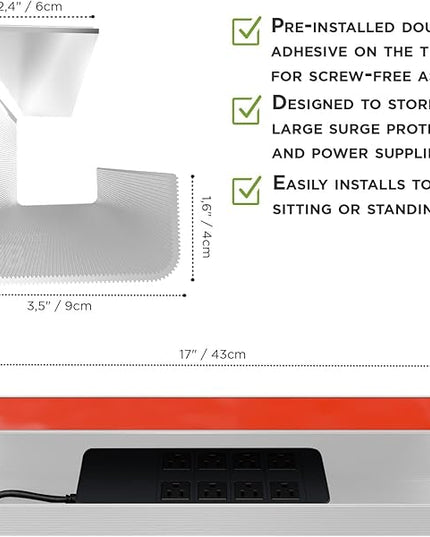 No-Screw Under Desk Cable Management Tray - Self-Adhesive Installation, Cord Management, Cable Tray, Under Desk Wire Organizer - White Set of 2