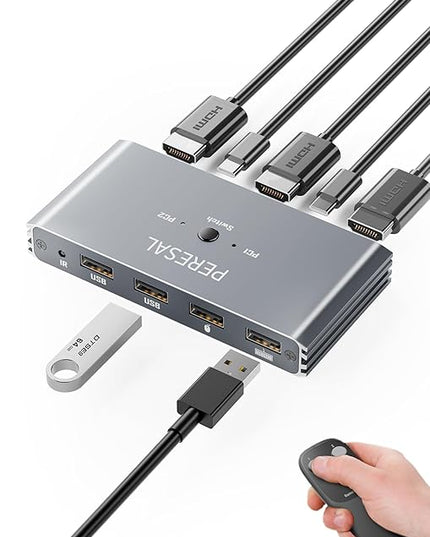 USB KVM Switch with Remote Control, HDMI Switch, 4K@60Hz KVM Switches for 2 Computers Sharing 1 Monitor, 4 USB Devices Such as Keyboard, Mouse, Printer, Scanner, Includes 2 USB-B Cables