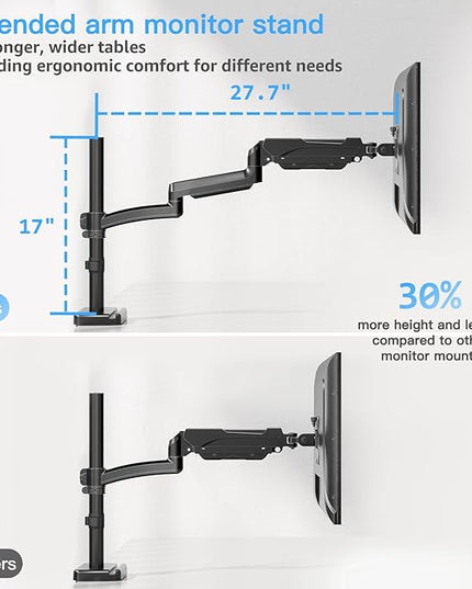 MOUNTUP 27 inch Extra Long Monitor Arm, Single Desk Mount for 22-32 inch, Tall Monitor Stand Holds 4.4-19.8lbs, Height Adjustable Monitors Stand for Desk with C-Clamp/Grommet Base, Black