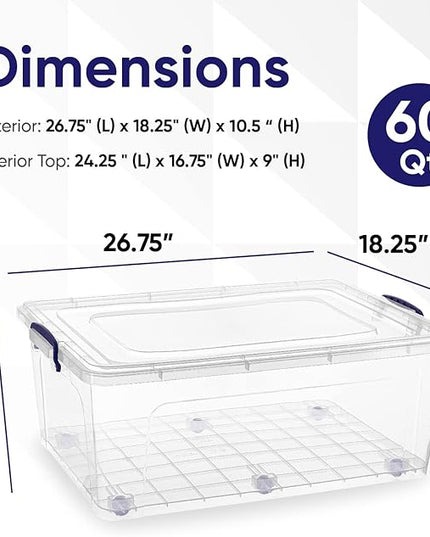 Superio Storage Bins with Lids- Clear Boxes for Organizing, Stackable Plastic Containers- BPA Free, Non-Toxic, Odor Free, Organizer for Home, Office, Dorm (6 Pack, 60 Qt (Wheeled))