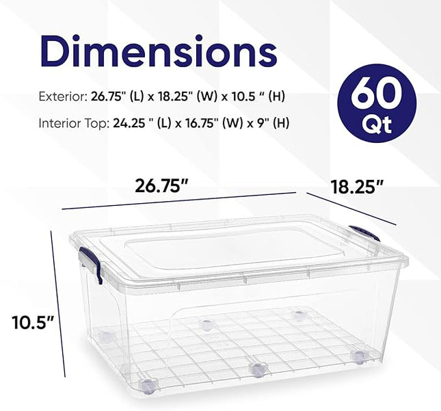 Superio Storage Bins with Lids- Clear Boxes for Organizing, Stackable Plastic Containers- BPA Free, Non-Toxic, Odor Free, Organizer for Home, Office, Dorm (6 Pack, 60 Qt (Wheeled))