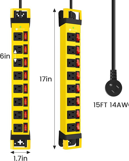 Heavy Duty Power Strip with Individual Switches,8 Outlets 14 Gauge Industrial Shop Garage Metal Multiple Outlets,1200J Surge Protector Mountable Power Strip,15FT Extension Cord Management (Yellow)