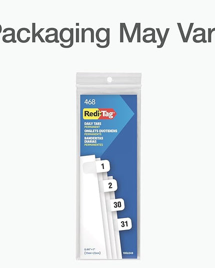 Redi-Tag Daily Adhesive Tabs, Preprinted Daily Tab, 12 Sets of 1-31 plus withBonus Blank Tabs, 7/17" x 1", Durable and Customizable Labels with Permanent Adhesive for Planners & Files, White (1006548)
