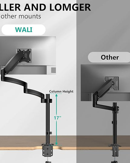 WALI Single Long Monitor Arm - 13 to 32 inch Computer Monitor Arm Desk Mount, Hold up to 19.8lbs, Extra Long Adjustable Stand, Full Motion Tall Arm, VESA 75/100mm, (GSDM001L)