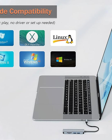 VIENON 5 in 1 Aluminum USB-C Hub with Memory Card Reader and 3 USB 3.0 Ports, for PC, Laptops, MacBook Pro/Air, iMac Pro, Surface and Tablet