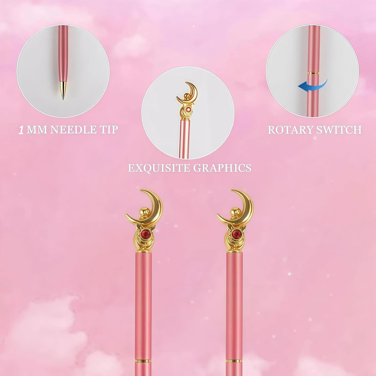 3 Pcs Sailor Moon Pen, Sailor Moon Merch, Pink Pens Ballpoint Kawaii Stationery Set, School Supplies for School Day Students Gifts and Offices, Tip 1mm, with 6 black pen refills