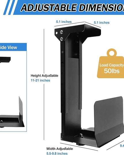 Heavy Duty Computer Wall Mount PC Case - Upgraded, Also Great for PC Mount Under Desk - Height Adjustable from 11" to 21", Width Adjustable from 5.5" to 9.8", Computer Tower Under Desk Home Office