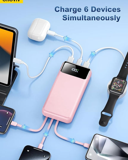 Portable Charger Power Bank 50000mAh Battery Pack, 22.5W Fast Charging PowerBank with Built in Cables,Travel Essential USB-C Portable Phone Charger for iPhone Samsung Pixel Android iPad-Pink